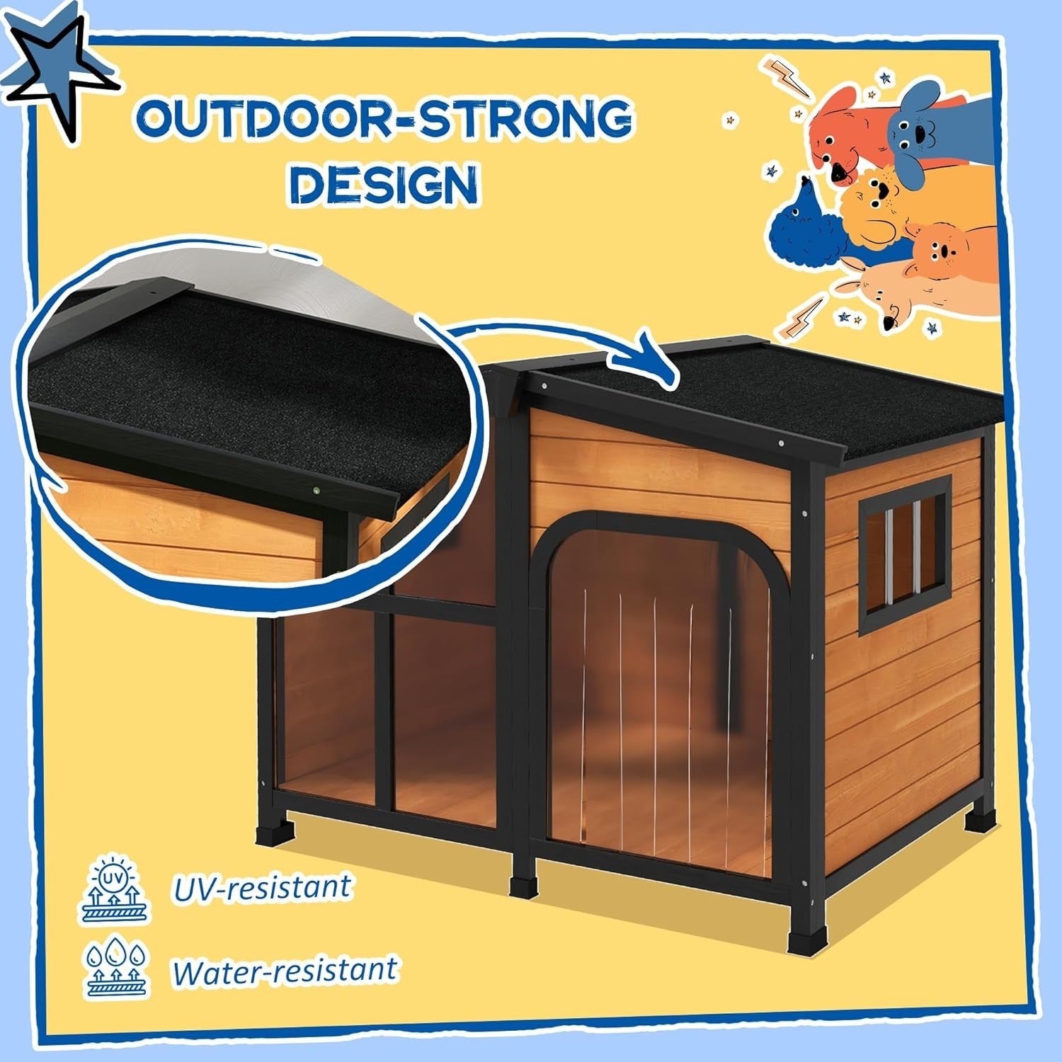 Large Wooden Outdoor Dog Kennel with Roof, Windows & Removable Floor