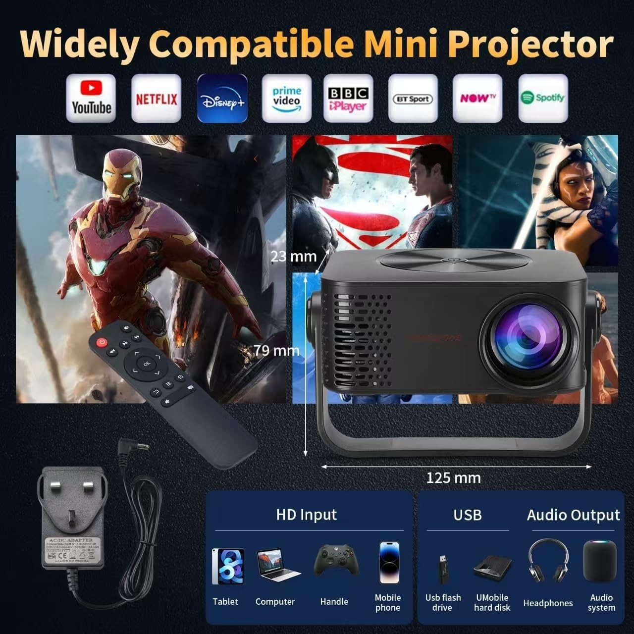 4K Mini Projector 1080P WiFi Portable 180° Home Outdoor Movie