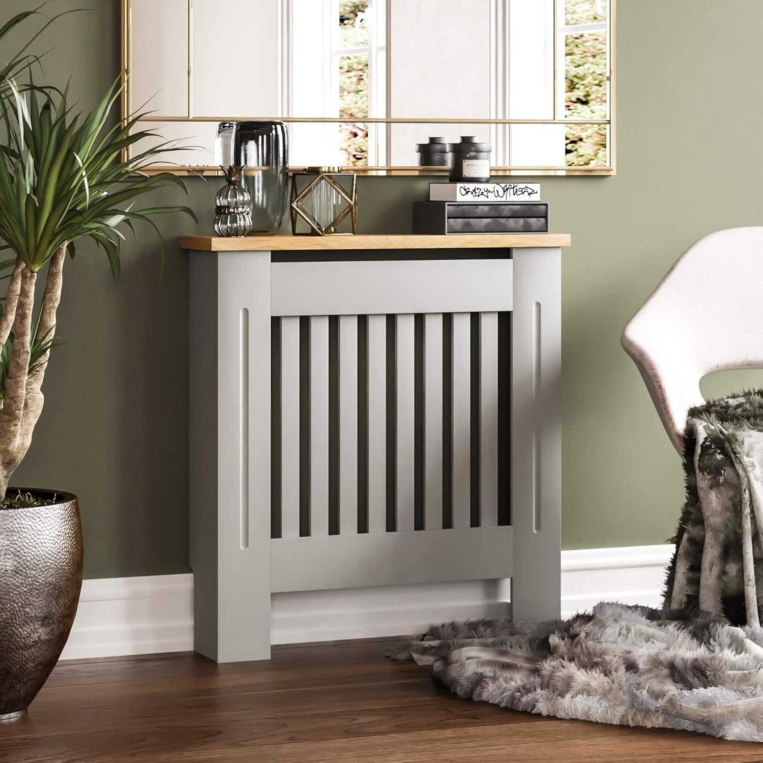 Small Olive Grey Radiator Cover Cabinet MDF Slatted Grill with Wood Top Shelf