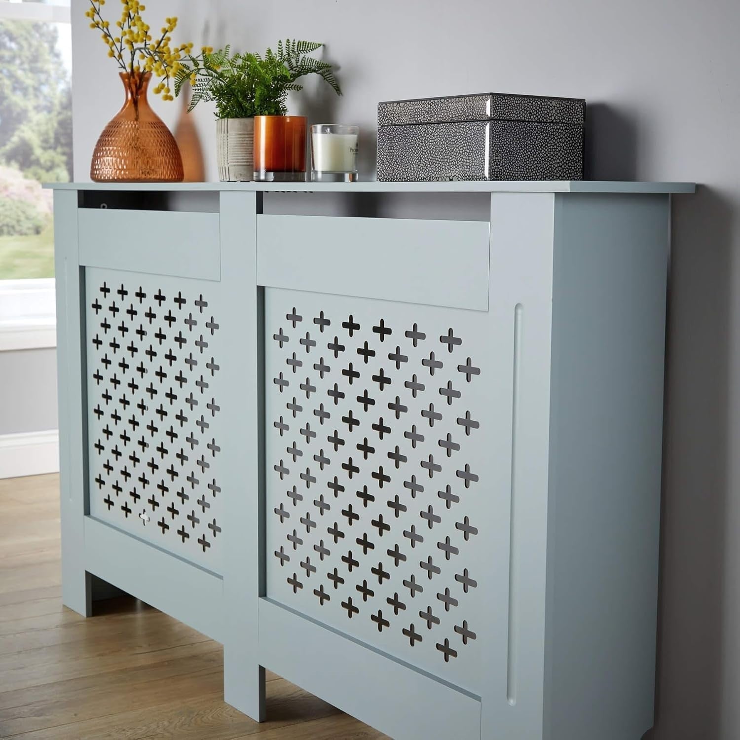 Grey Radiator Cover Large 152cm Wooden Cabinet with Decorative Grill & Shelf