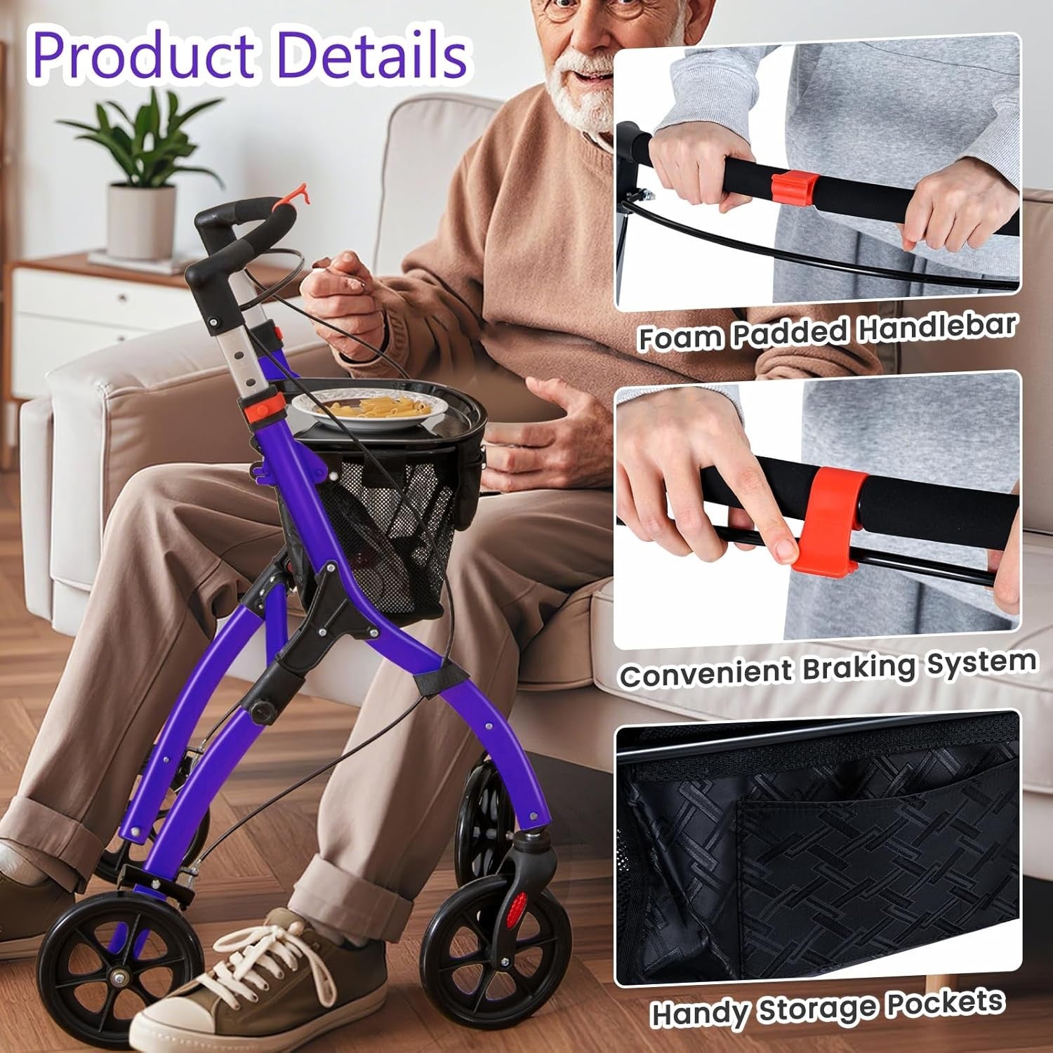 4 Wheel Rollator Walker Lightweight Folding Mobility Aid Brakes & Tray
