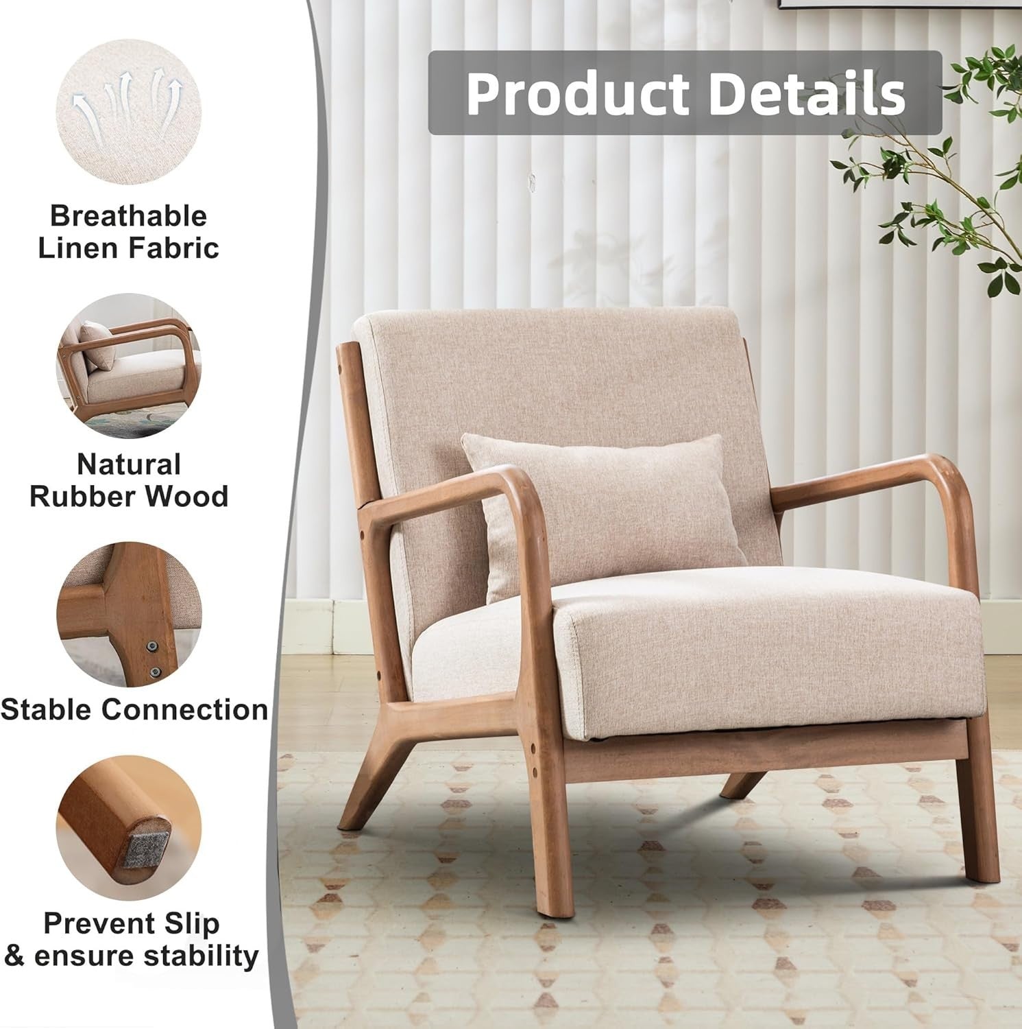 Beige Mid-Century Armchair with Lumbar Cushion | Solid Wood Lounge Chair
