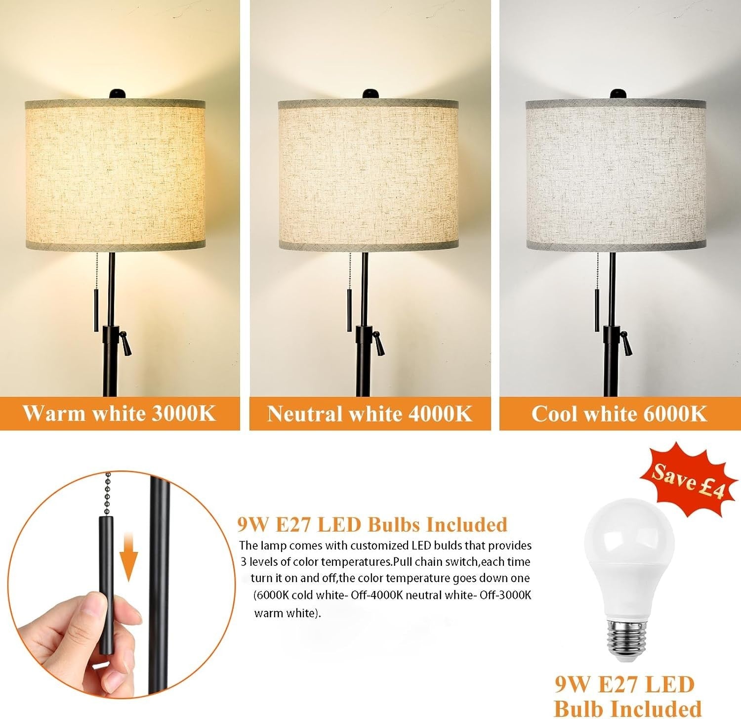 Adjustable Black Floor Lamp with Lampshade, 3 Color Temps & Remote
