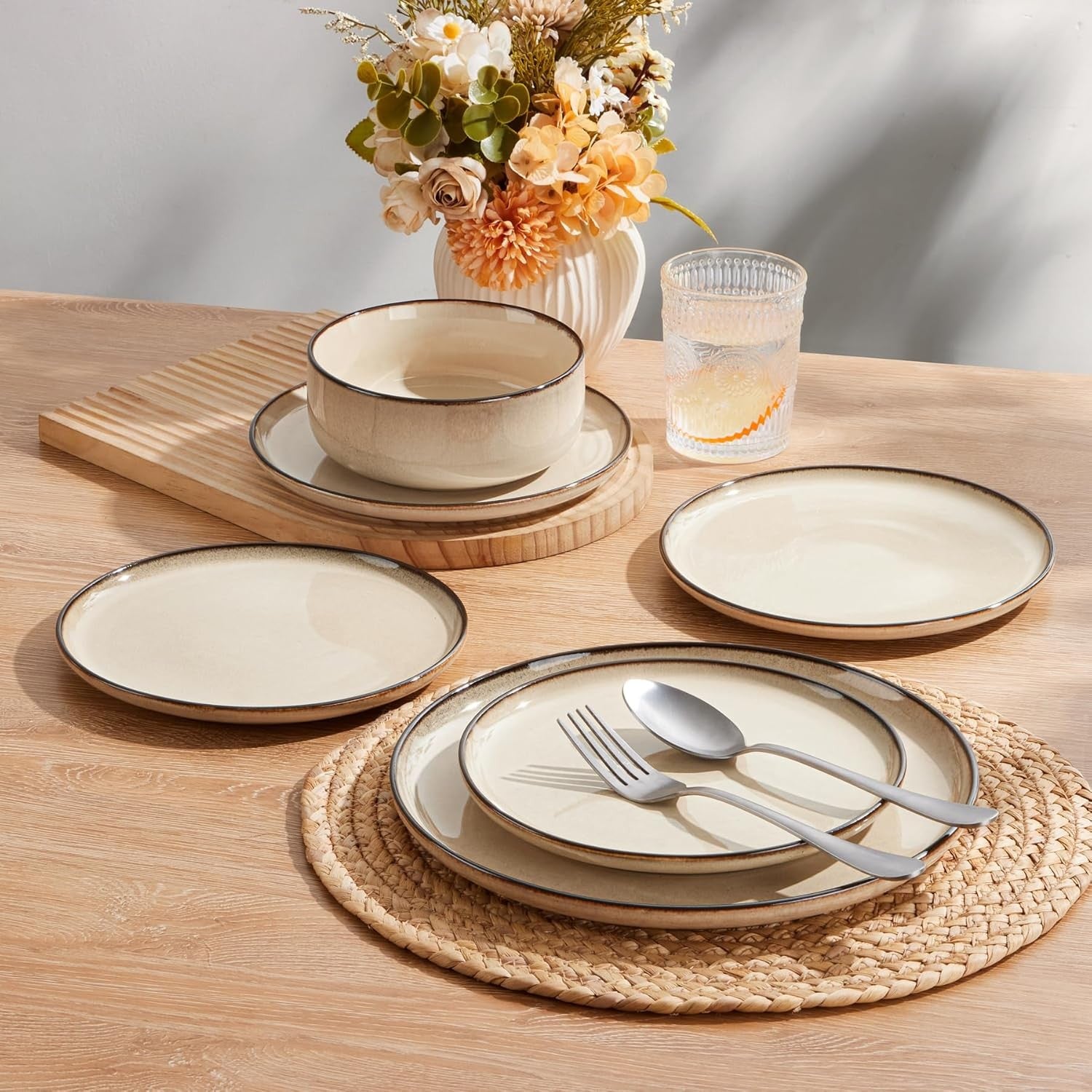 12pc Stoneware Dinner Set for 4 Cream Plates Bowls Microwave Safe
