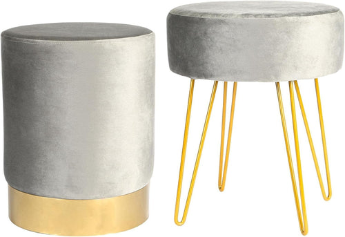 Set of 2 Grey Velvet Footstools Round Pouffe Modern Accent Stools