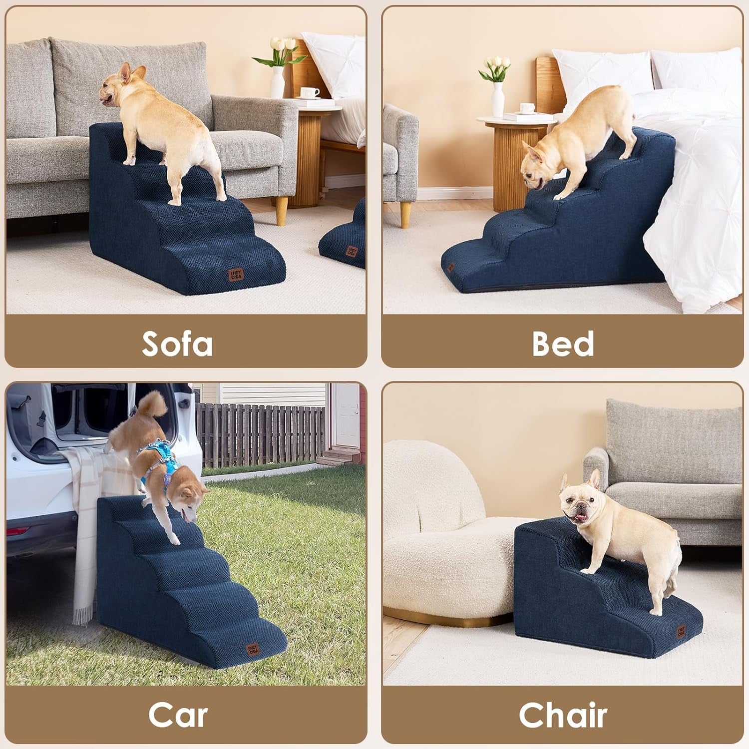 4 Step Dog Stairs for High Bed Non Slip Foam Pet Steps Navy
