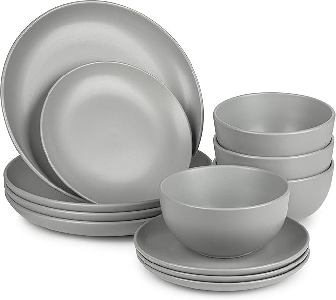 16 Piece Grey Dinnerware Set for 4 Ceramic Plates Bowls Mugs Modern