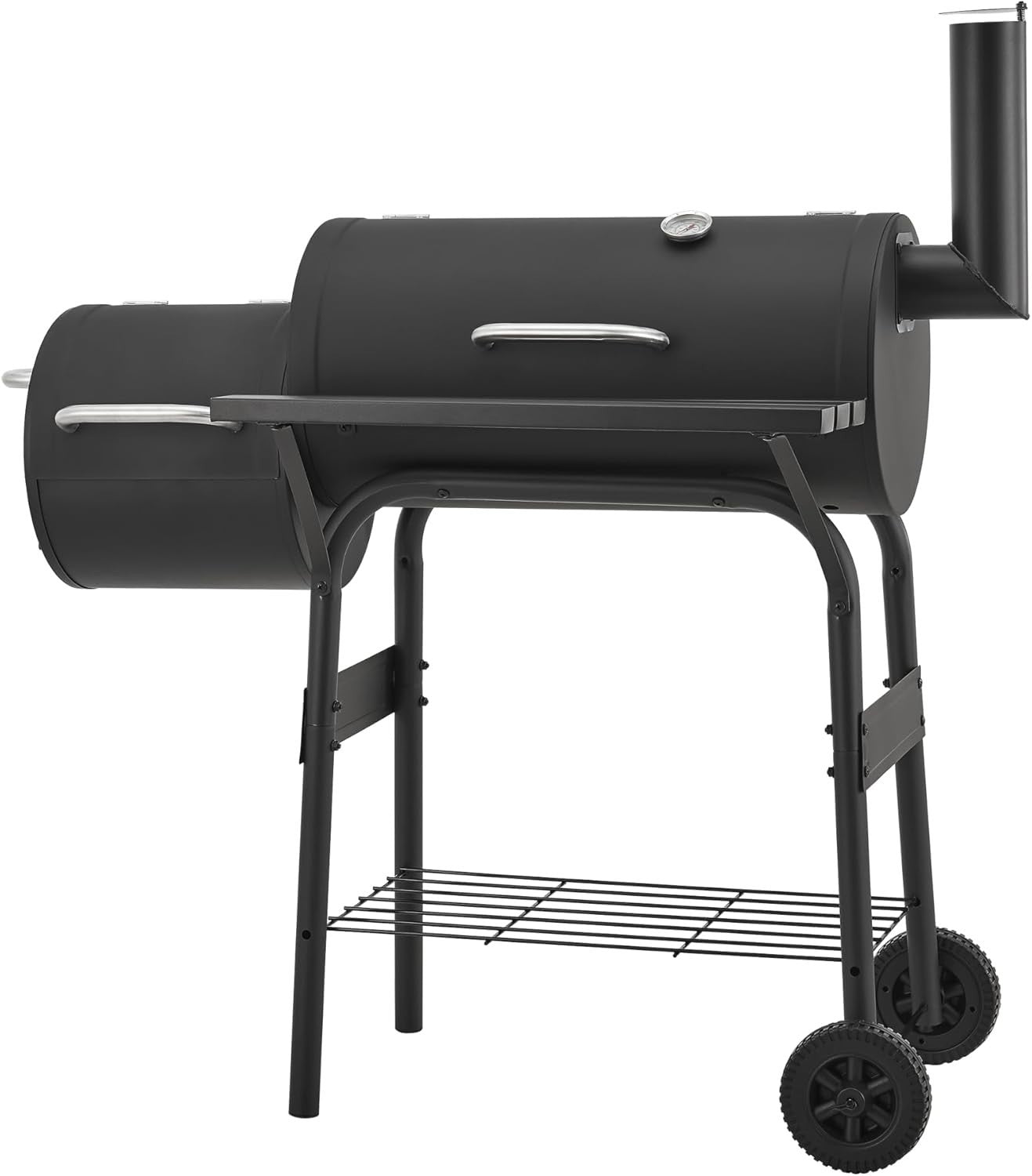 Charcoal BBQ Smoker Grill with Side Firebox & Thermometer Outdoor Trolley 115cm