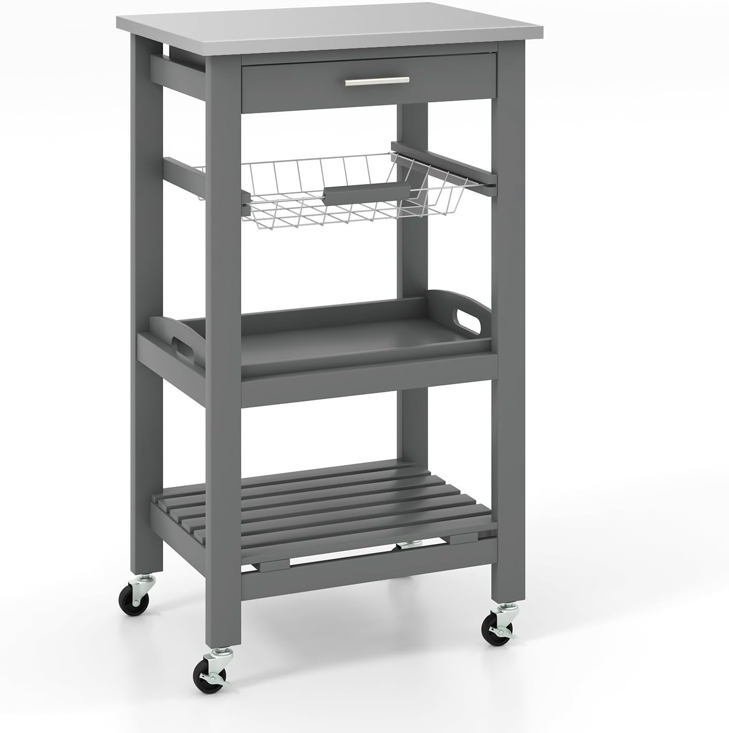 4 Tier Kitchen Trolley Stainless Steel Top Cart Grey