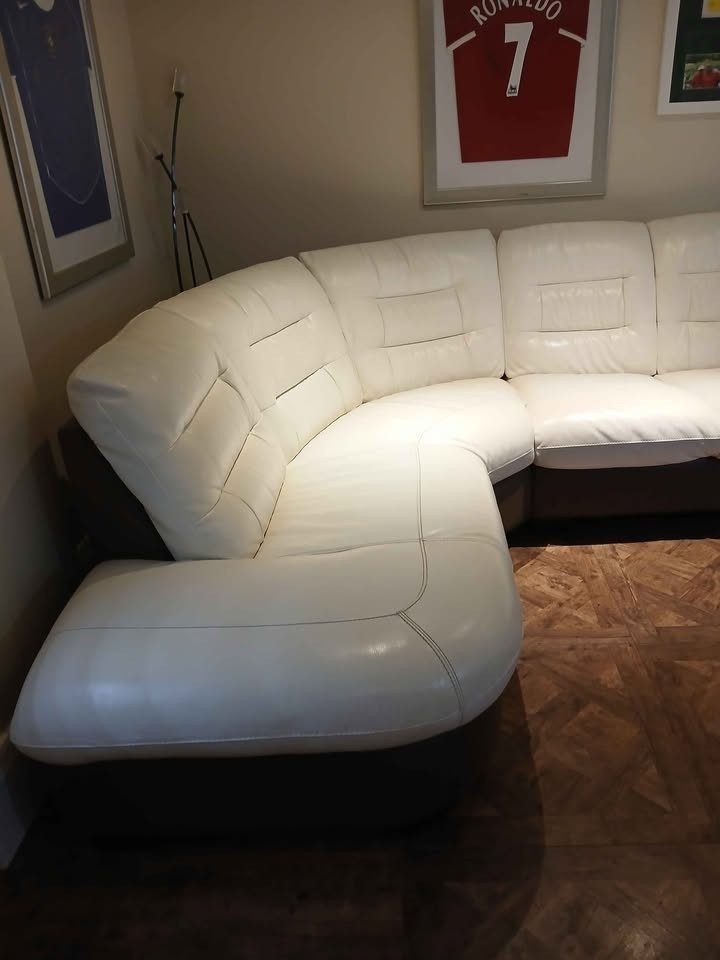 Cream/Brown Leather Corner Sofa (PTP)