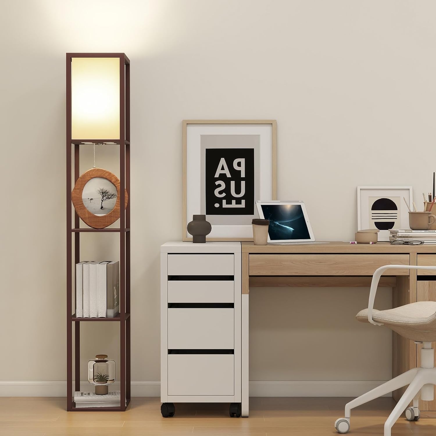 Floor Lamp with Shelves Wooden Storage Standing Light Reading Lamp Modern