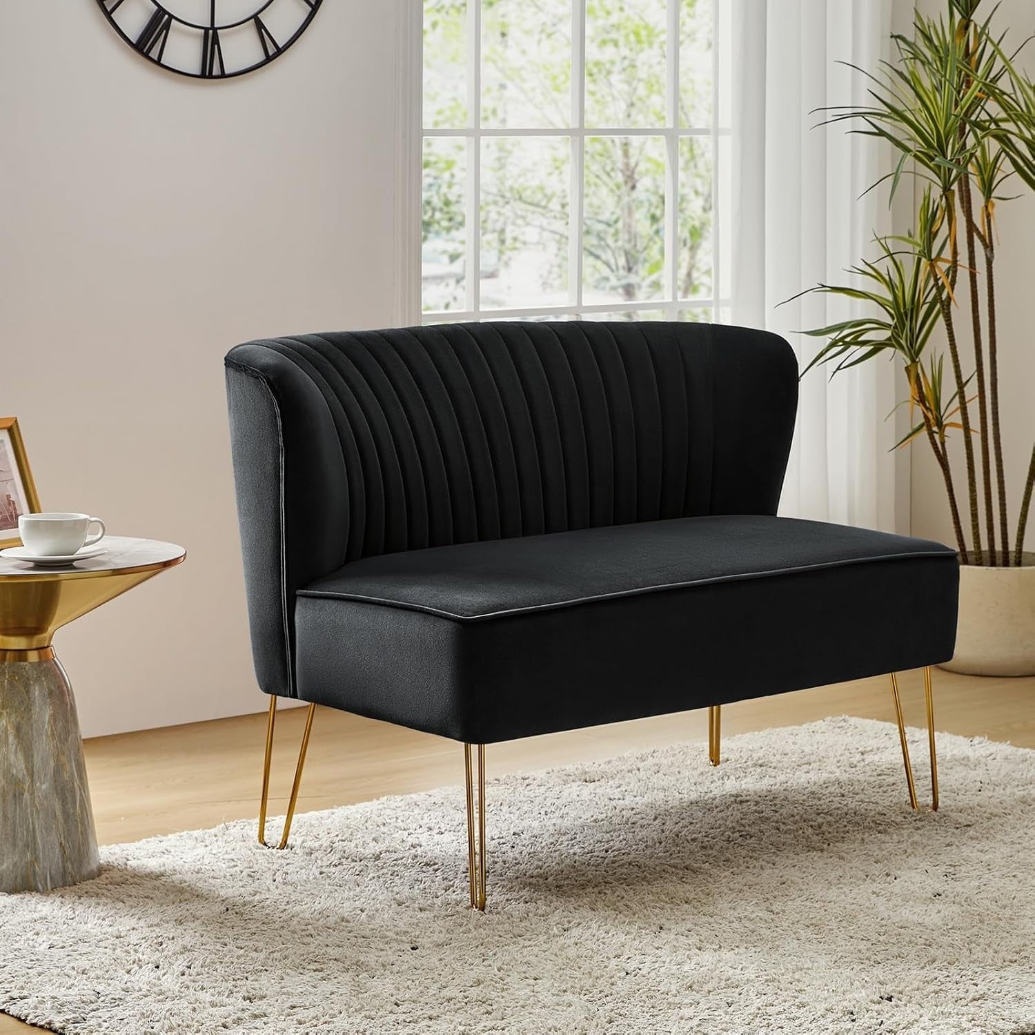 Black Velvet 2 Seater Sofa with Gold Legs Compact Loveseat for Lounge Flat