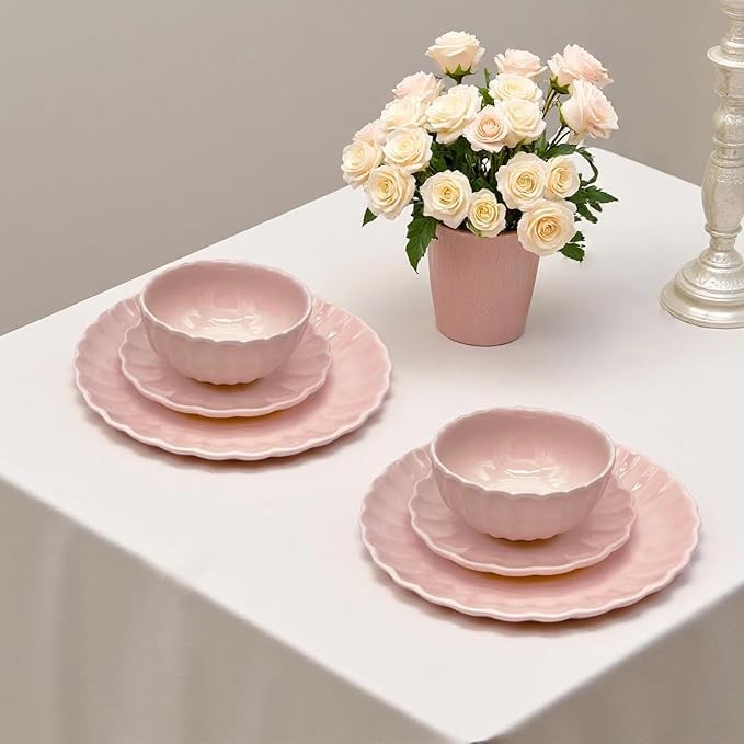 16 Piece Stoneware Dinner Set for 4 Plates Bowls Mugs Pink