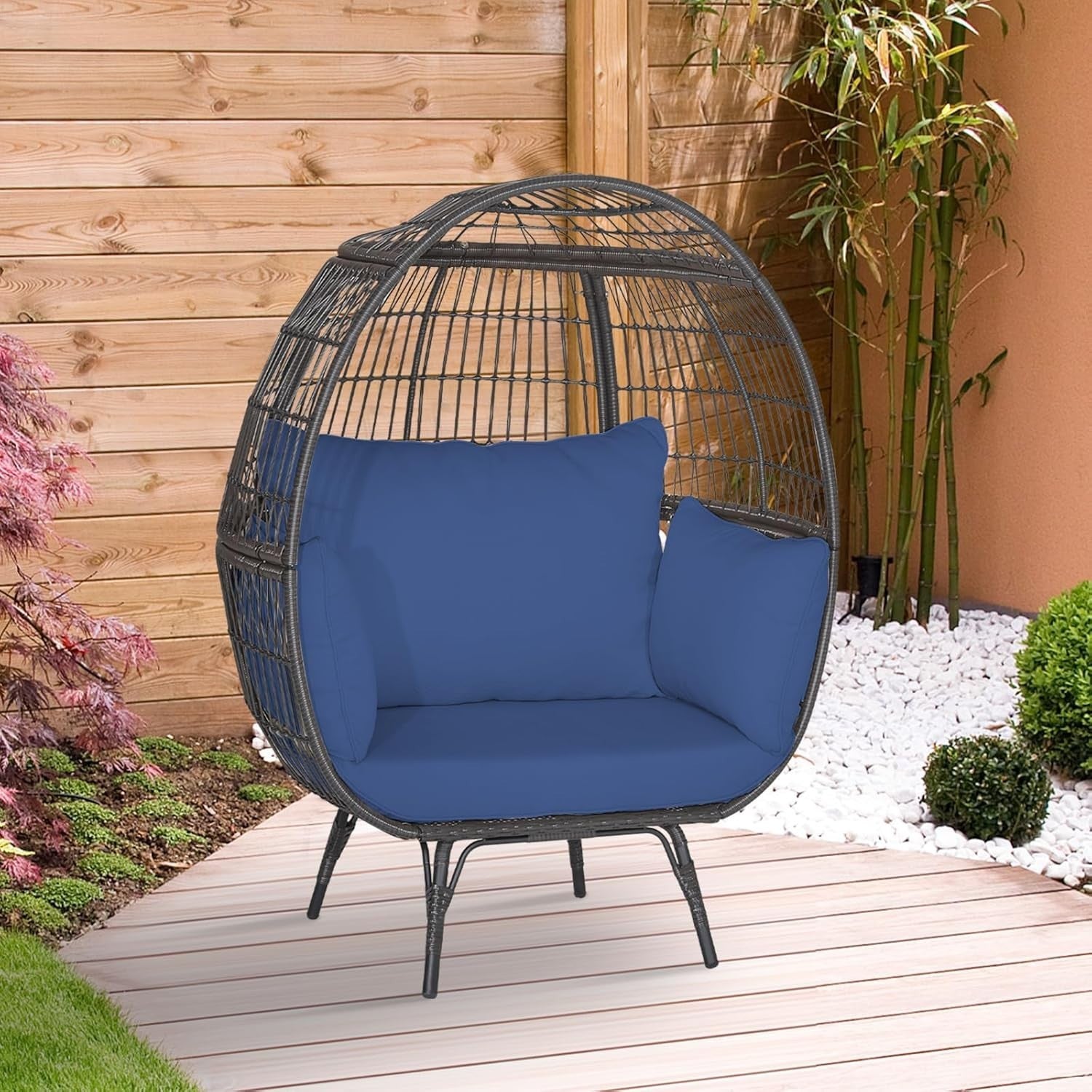 Navy Two Seater Rattan Egg Chair Oversized Cushioned Freestanding Lounger