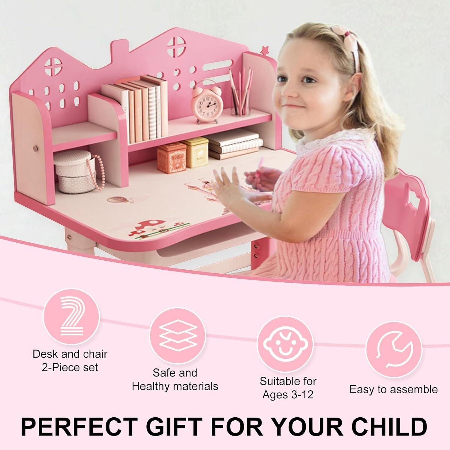 Adjustable Kids Desk & Chair Set with Drawer, Large Writing Surface Pink