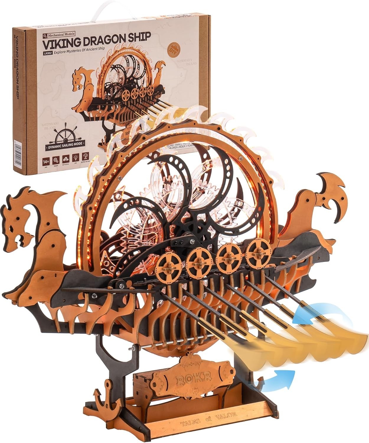 3D Wooden Viking Dragon Ship Puzzle Kit with LED Lights & Mechanical Gears