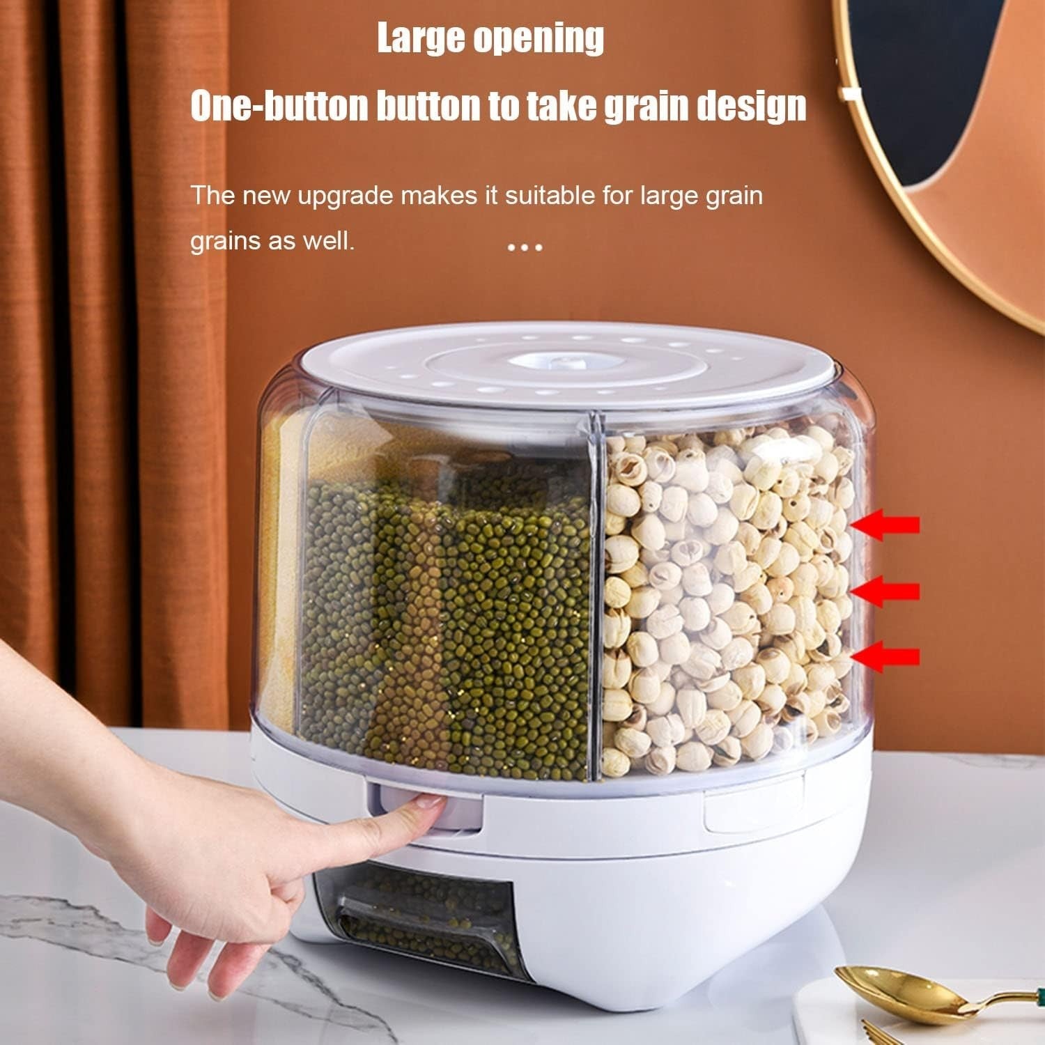 20LBS 360° Rotating Rice Dispenser 6 Grid Airtight Grain Bin