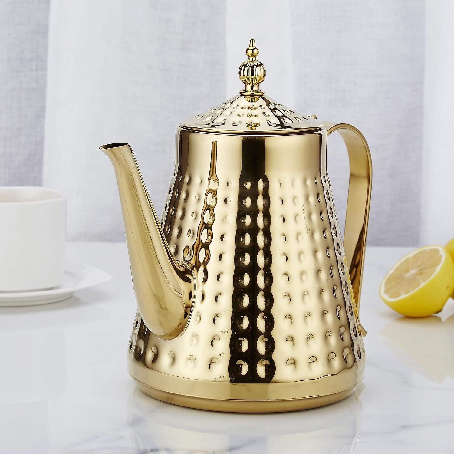 1.6L Stainless Steel Teapot with Infuser Gold Hammered Tea Pot 6 Cup