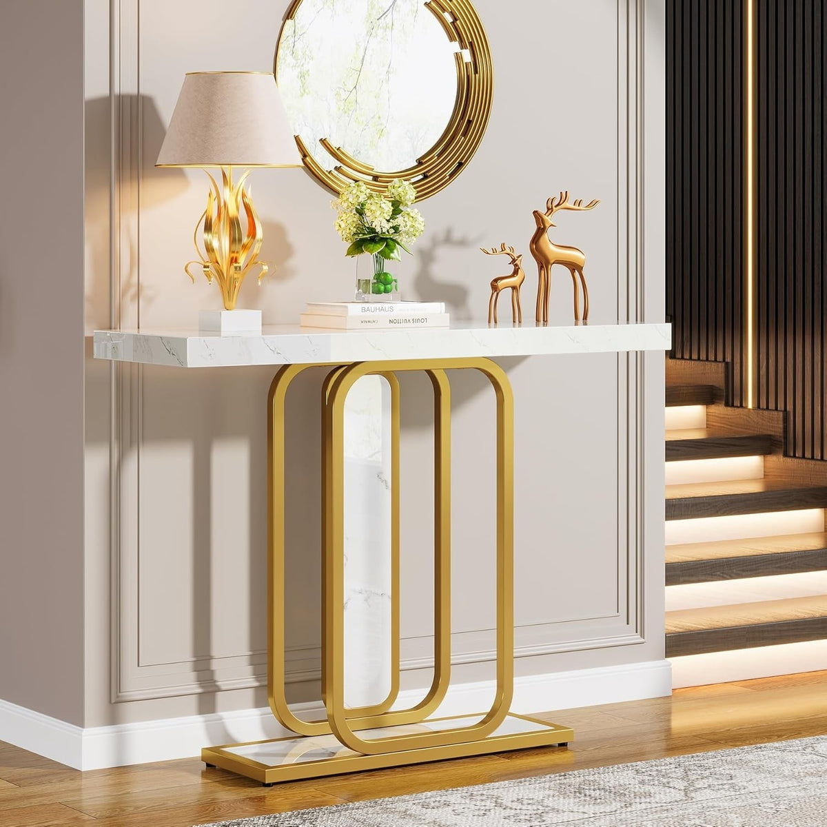 Modern White & Gold Console Table 41.3" Entryway, Faux Marble, Sturdy Metal Legs