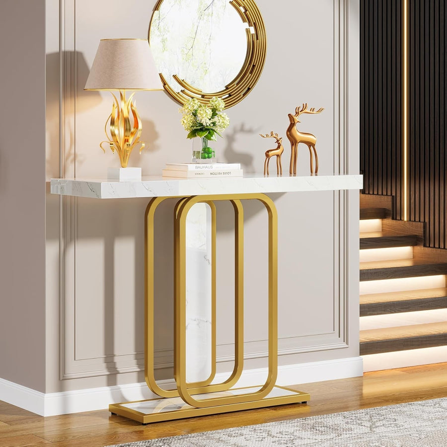 Modern White & Gold Console Table 41.3" Entryway, Faux Marble, Sturdy Metal Legs
