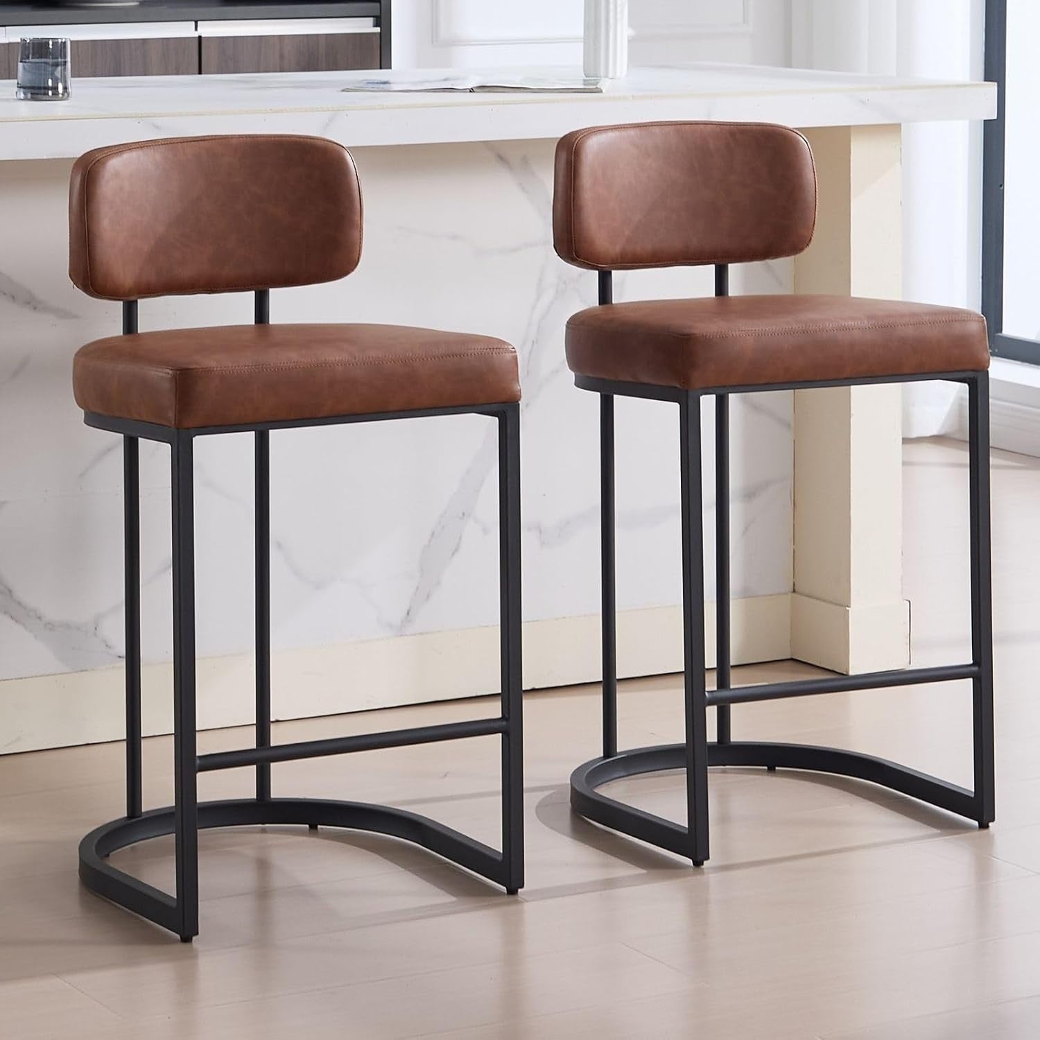 PU Leather Bar Stools Set of 2 Brown Modern Counter Height Chairs