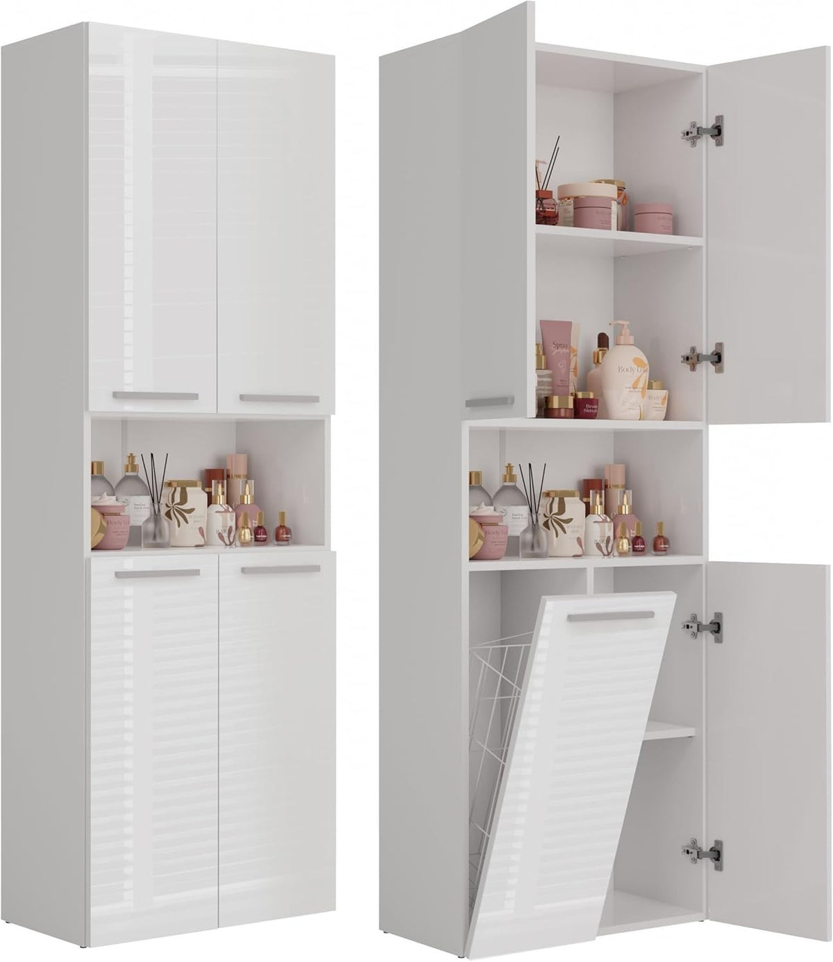 Modern White Gloss Bathroom Tall Storage Cabinet with Laundry Basket