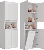 Modern White Gloss Bathroom Tall Storage Cabinet with Laundry Basket