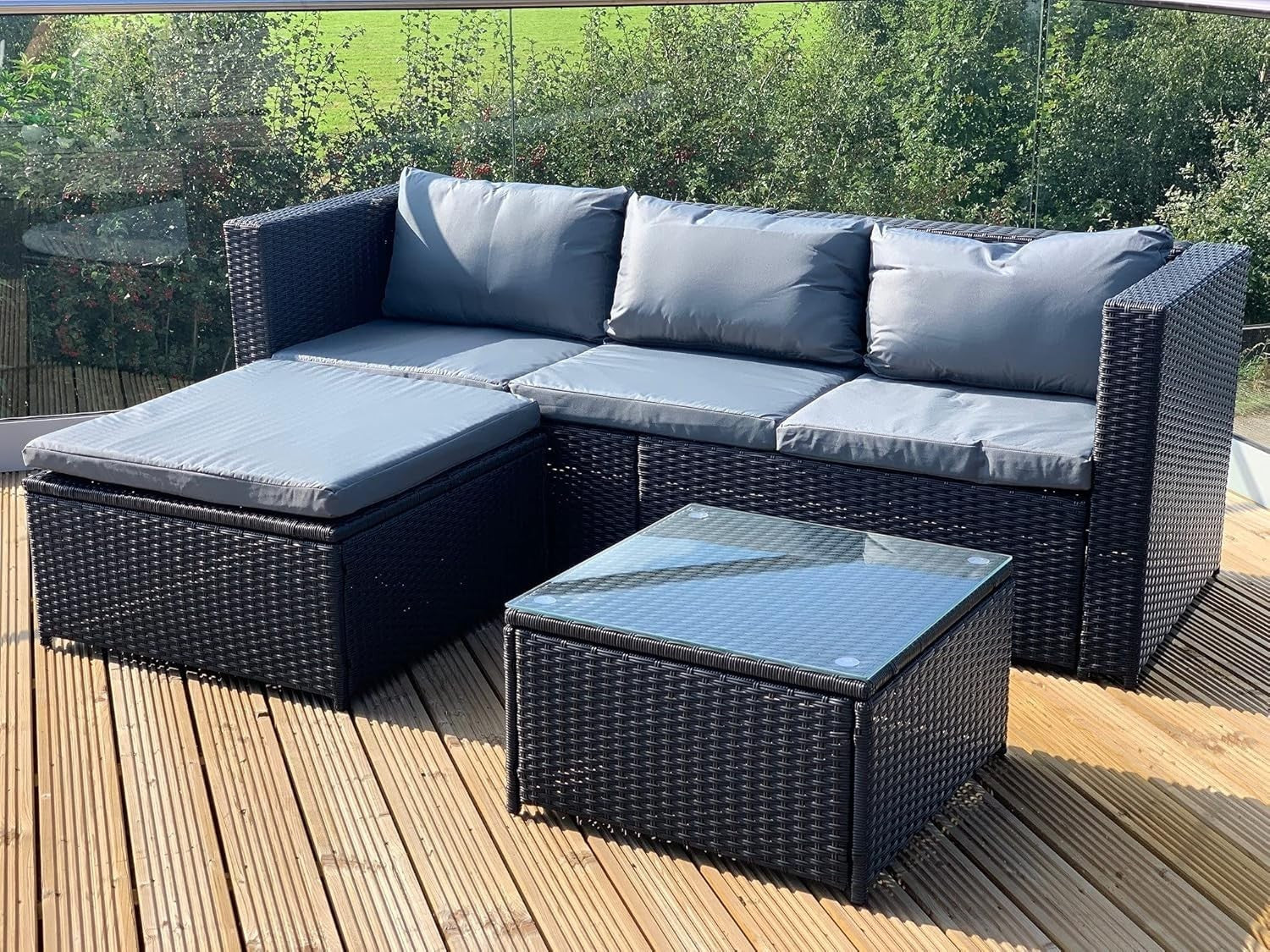 Outdoor Black Rattan Garden Sofa Set 4-Piece L-Shape Lounge Patio Modular