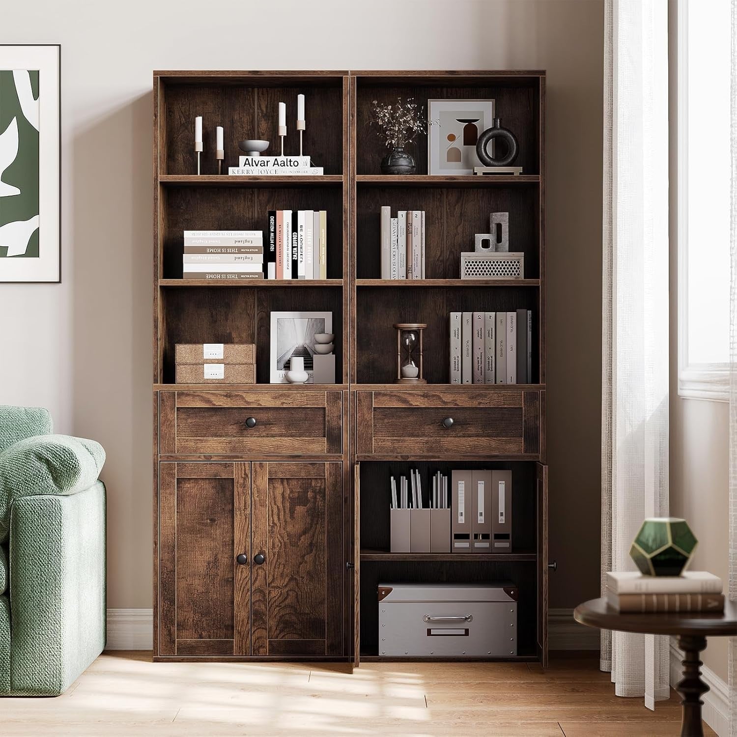 5 Tier Bookcase with Doors Drawers Display Storage Shelf Tall Cabinet Brown