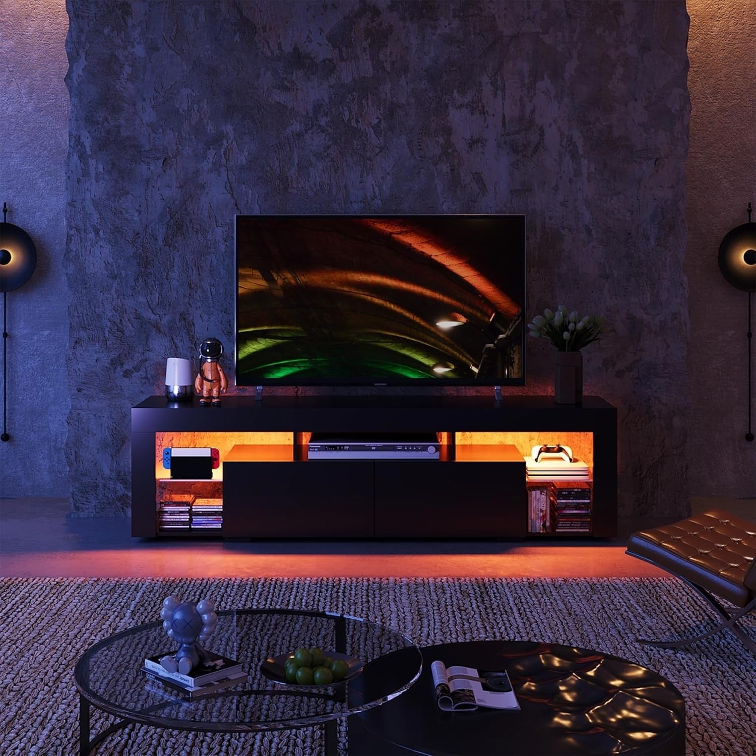 160cm White TV Unit Stand with RGB, Storage Drawers & Shelves, 75" Fit - Black