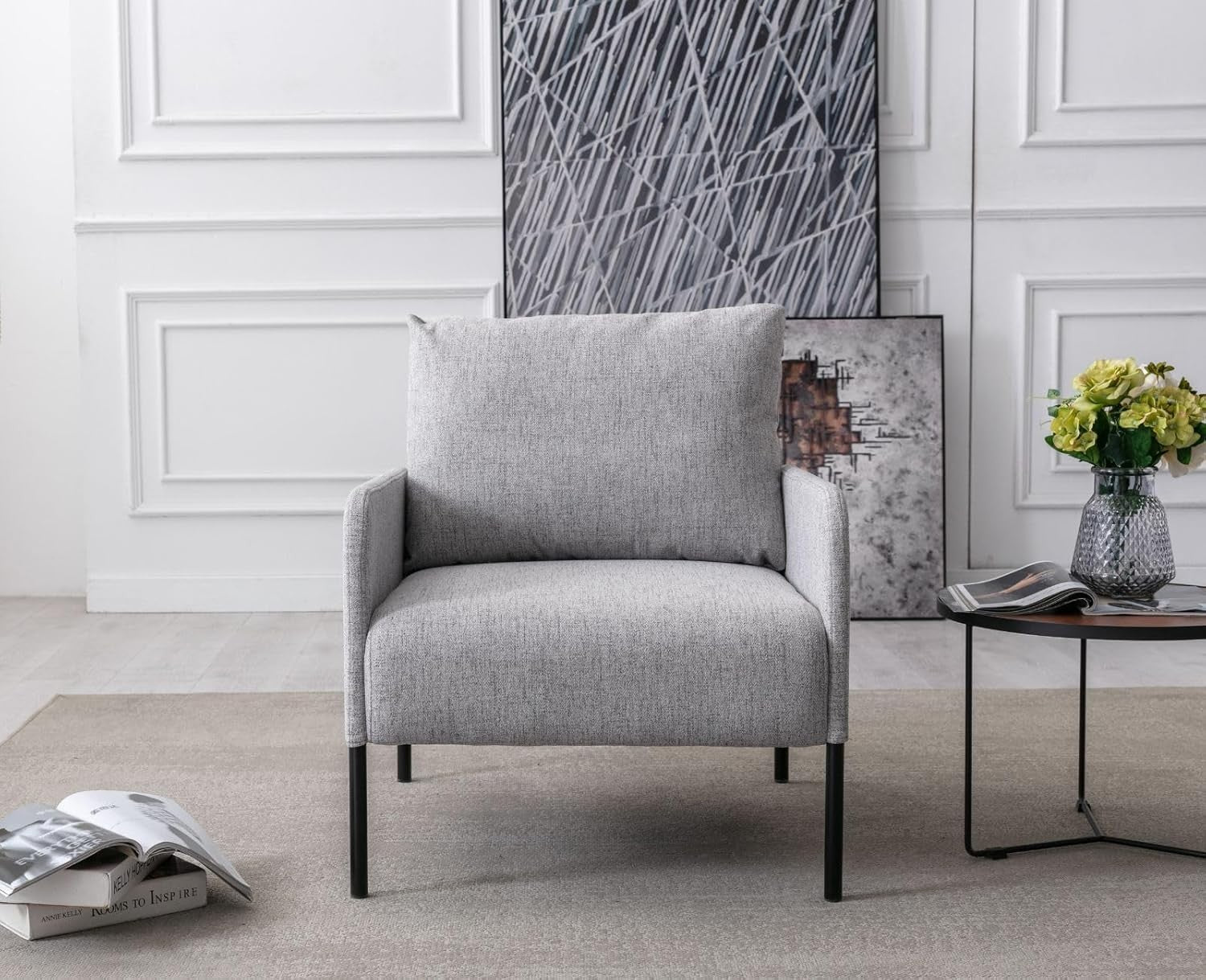 Modern Accent Armchair Grey Linen Lounge Chair Metal Legs Sofa