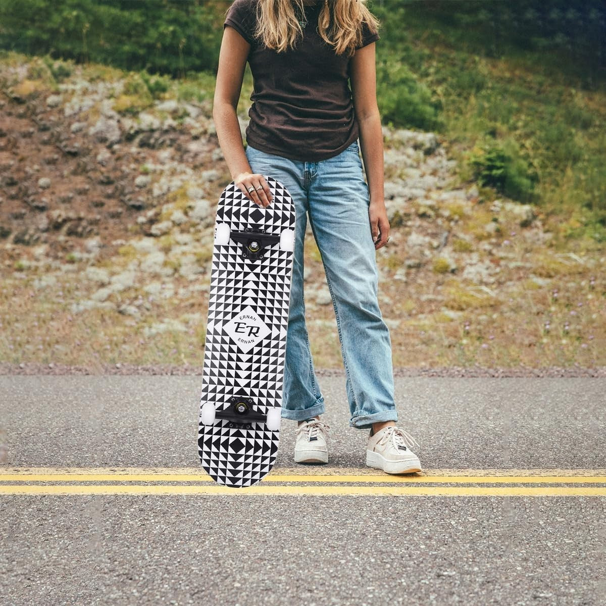 31" Maple Double Kick Skateboard Beginners Kids Adults w/ T-Tool Half Black Deck
