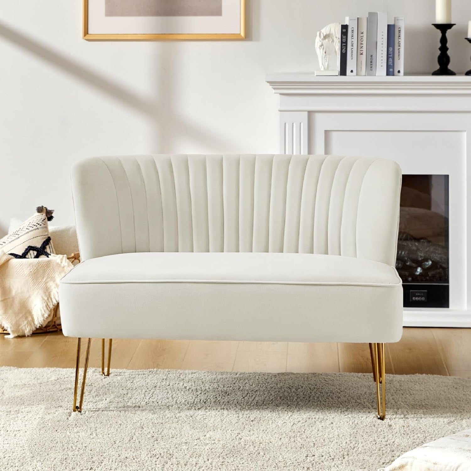 Lvory Velvet 2 Seater Sofa with Gold Legs Compact Loveseat for Lounge Flat