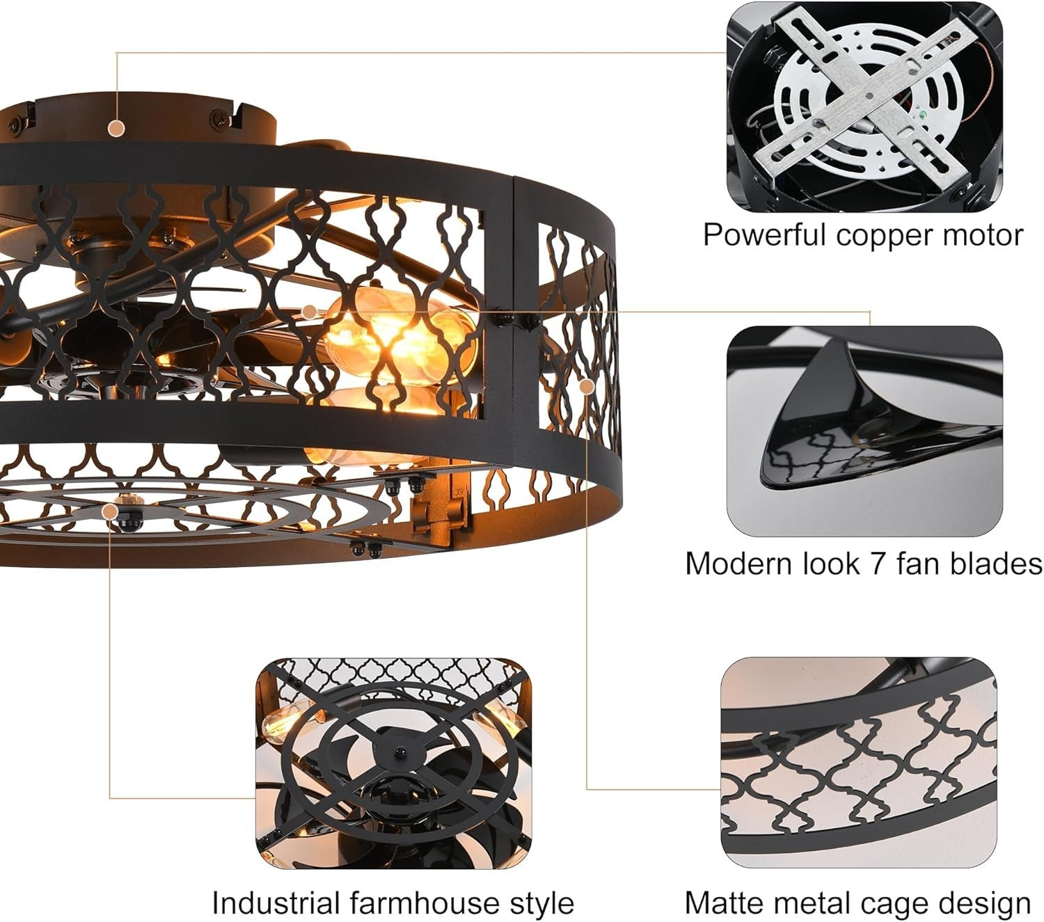 50cm Industrial Ceiling Fan Light, Black Caged, 6 Speed, 4 Lights, Remote