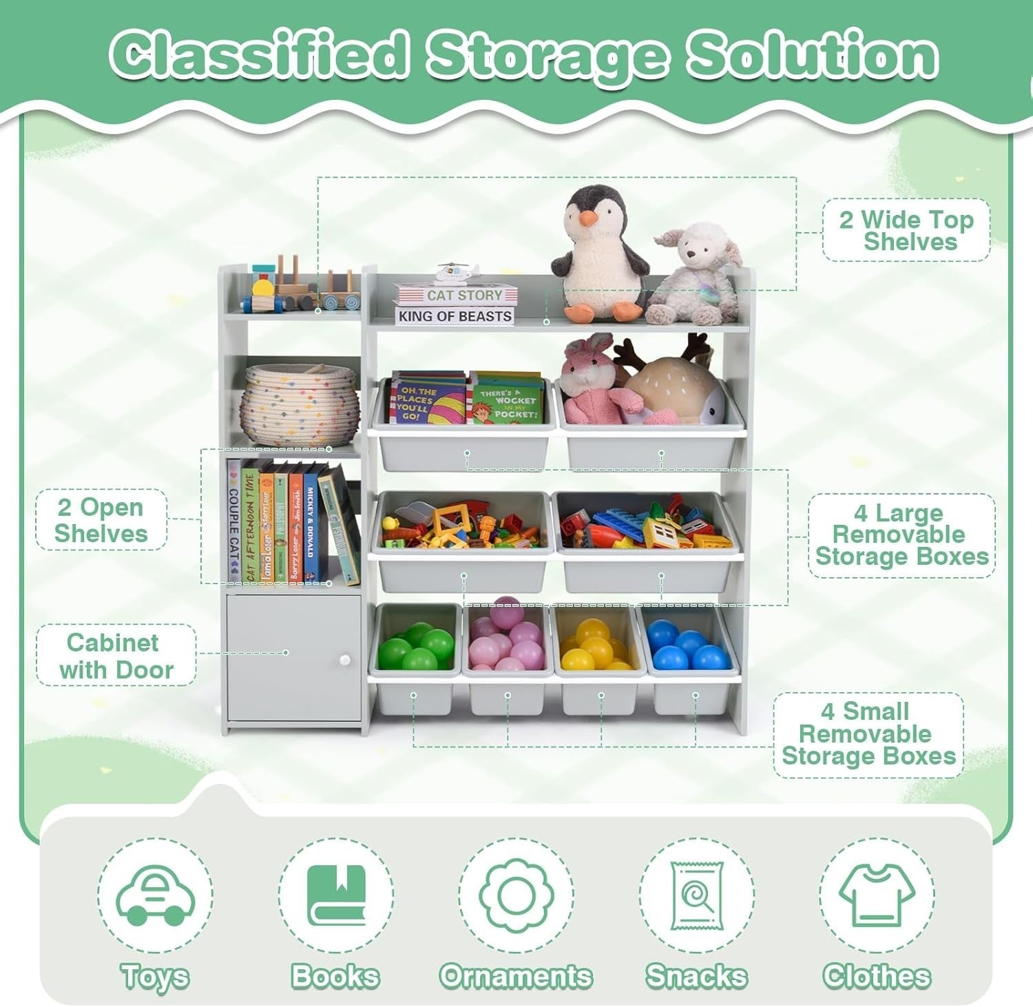 Kids Toy Storage Organizer with 8 Bins, Cabinet & Shelves, Safe & Waterproof