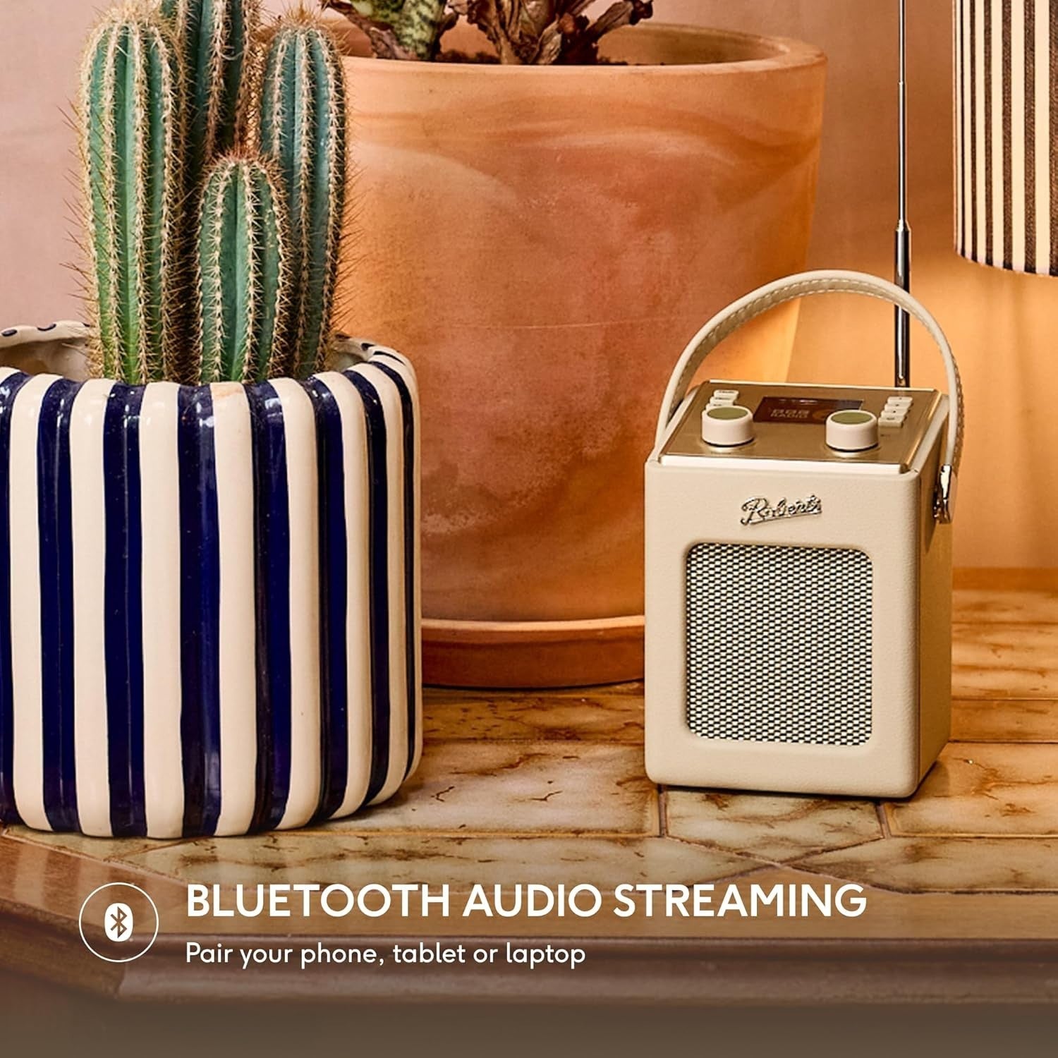 Portable DAB+/FM Radio with Bluetooth, Dual Alarms & Retro Sound – Pastel Cream