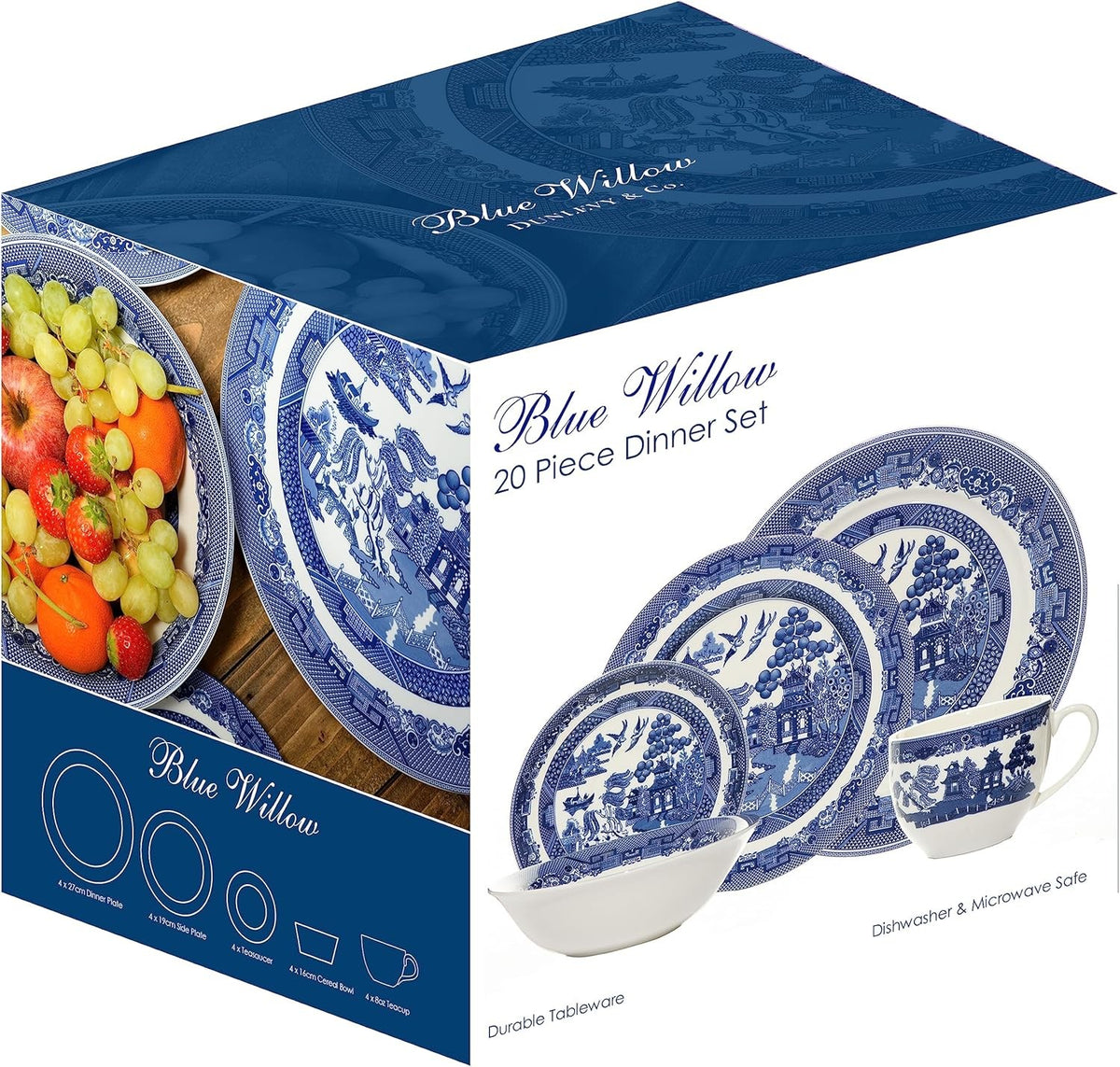 20 Piece Blue White Dinner Set Porcelain Plates Bowls Cups Saucers Classic