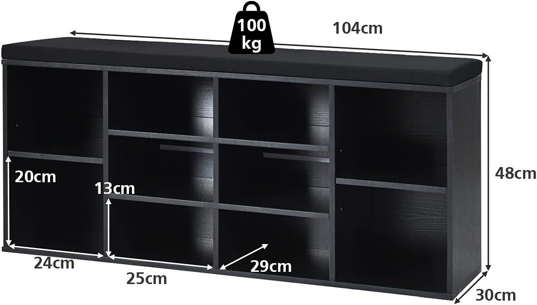 Black Shoe Bench with Cushion 10-Compartment Storage Rack Adjustable Shelves