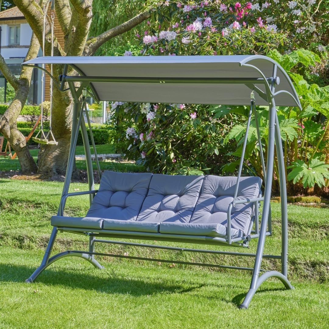 3 Seater Garden Swing Seat with Cushions Reclining Day Bed & Canopy Outdoor
