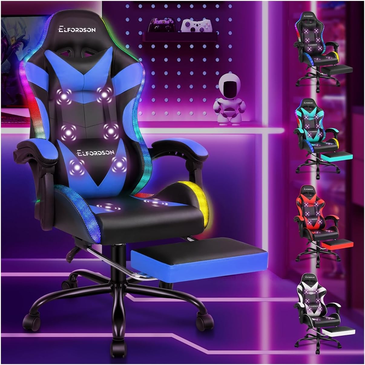 LED Gaming Chair Blue RGB Massage Recliner w/ Footrest 150° Swivel