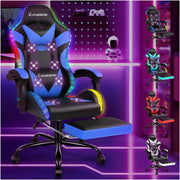 LED Gaming Chair Blue RGB Massage Recliner w/ Footrest 150° Swivel