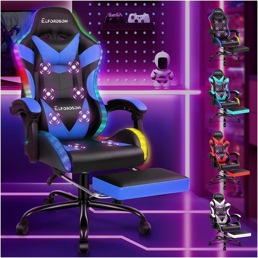 LED Gaming Chair Blue RGB Massage Recliner w/ Footrest 150° Swivel
