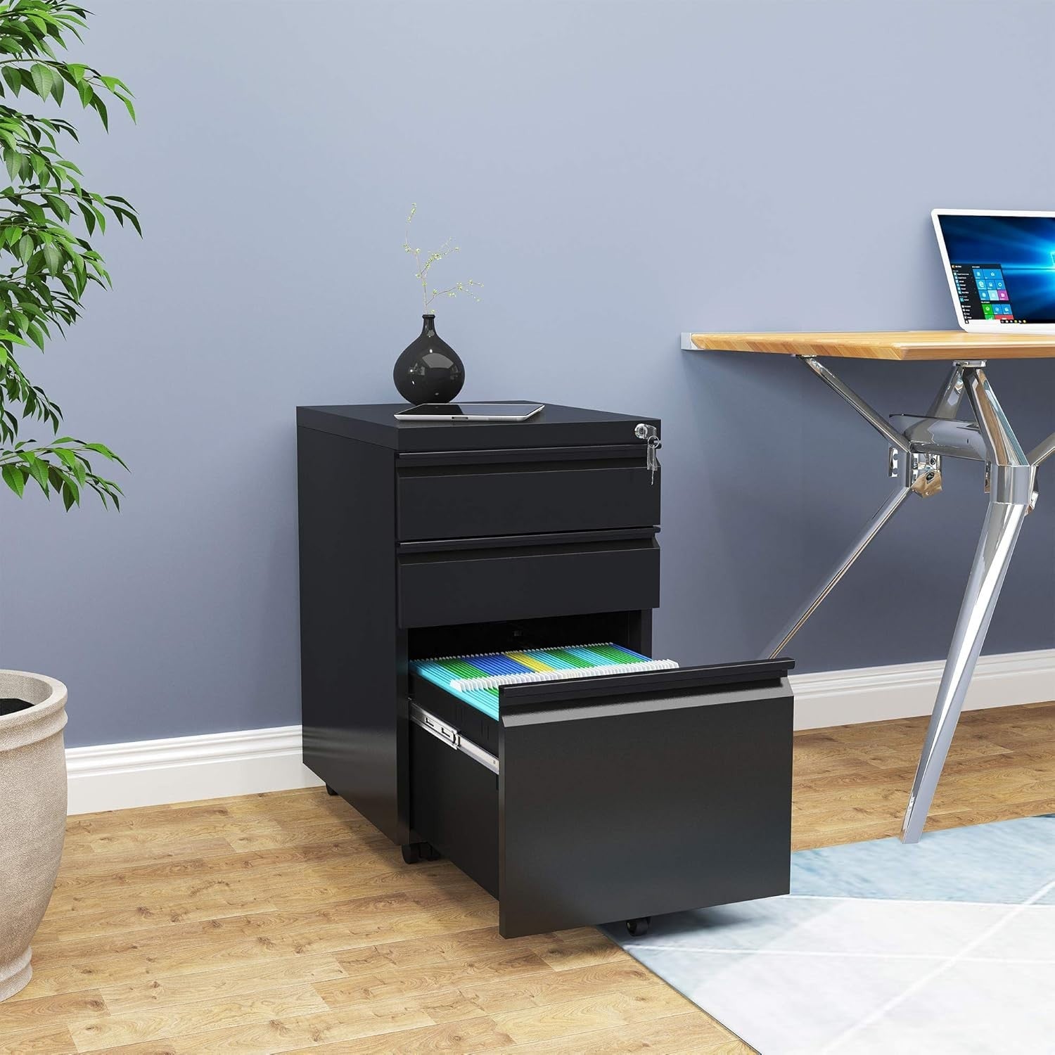 Lockable 3-Drawer Mobile Filing Cabinet Rolling Metal Office Storage 62cm