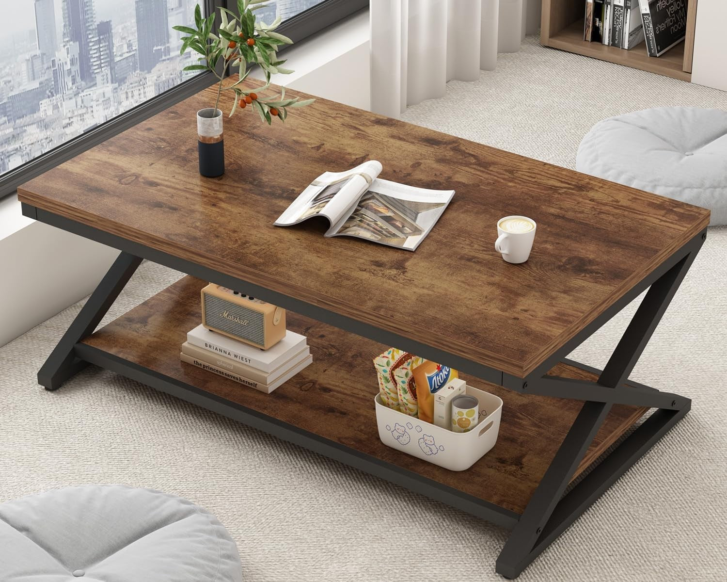 Industrial Coffee Table with Storage Shelf, 47" Rustic Wood Metal Living Room