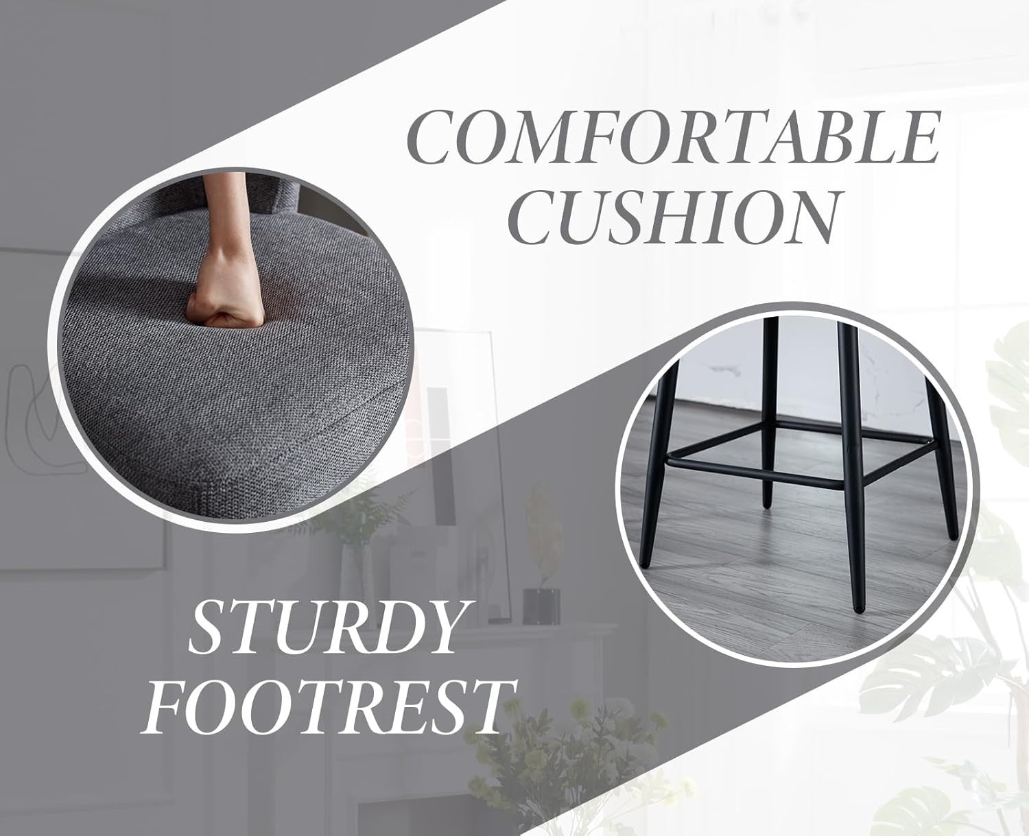 Grey Linen Bar Stool Set 2 – Upholstered High Counter Kitchen Chairs