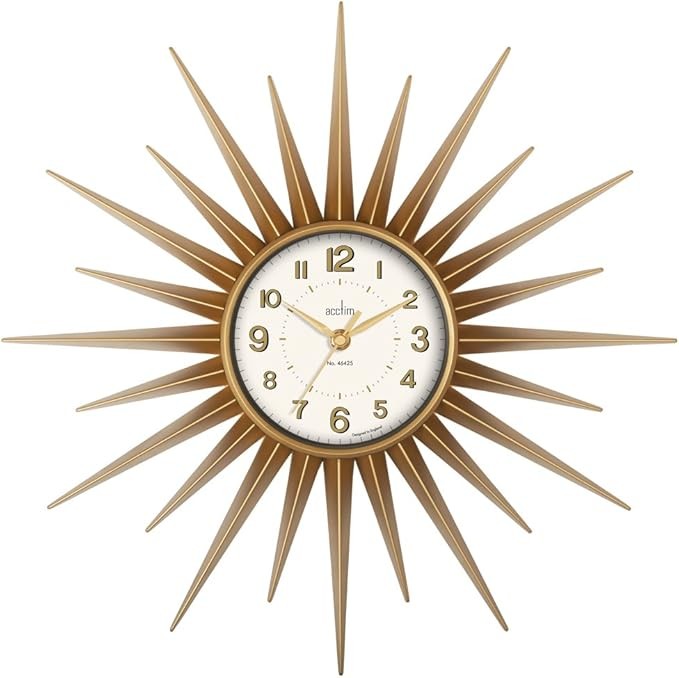 Retro Gold Sunburst Wall Clock 43cm Silent Quartz Large Vintage Home Decor