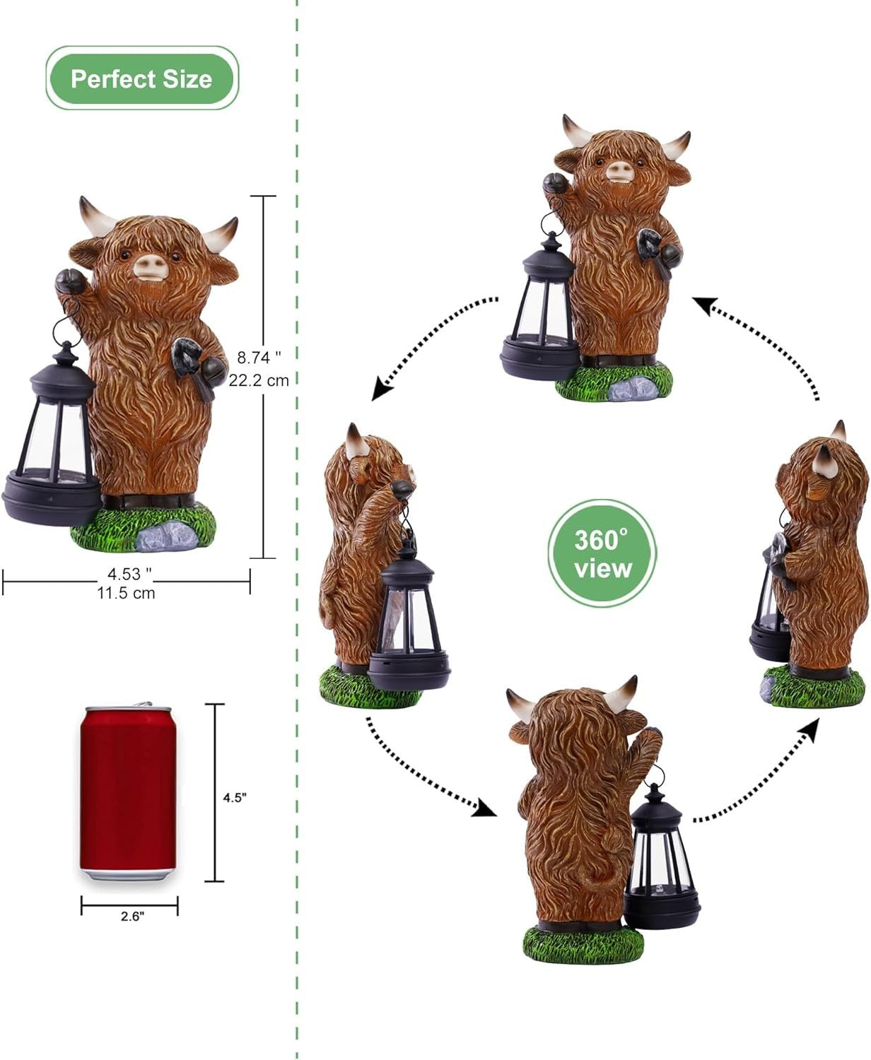 Solar Highland Cow Garden Ornament Lantern | Outdoor Resin Statue Patio Lawn