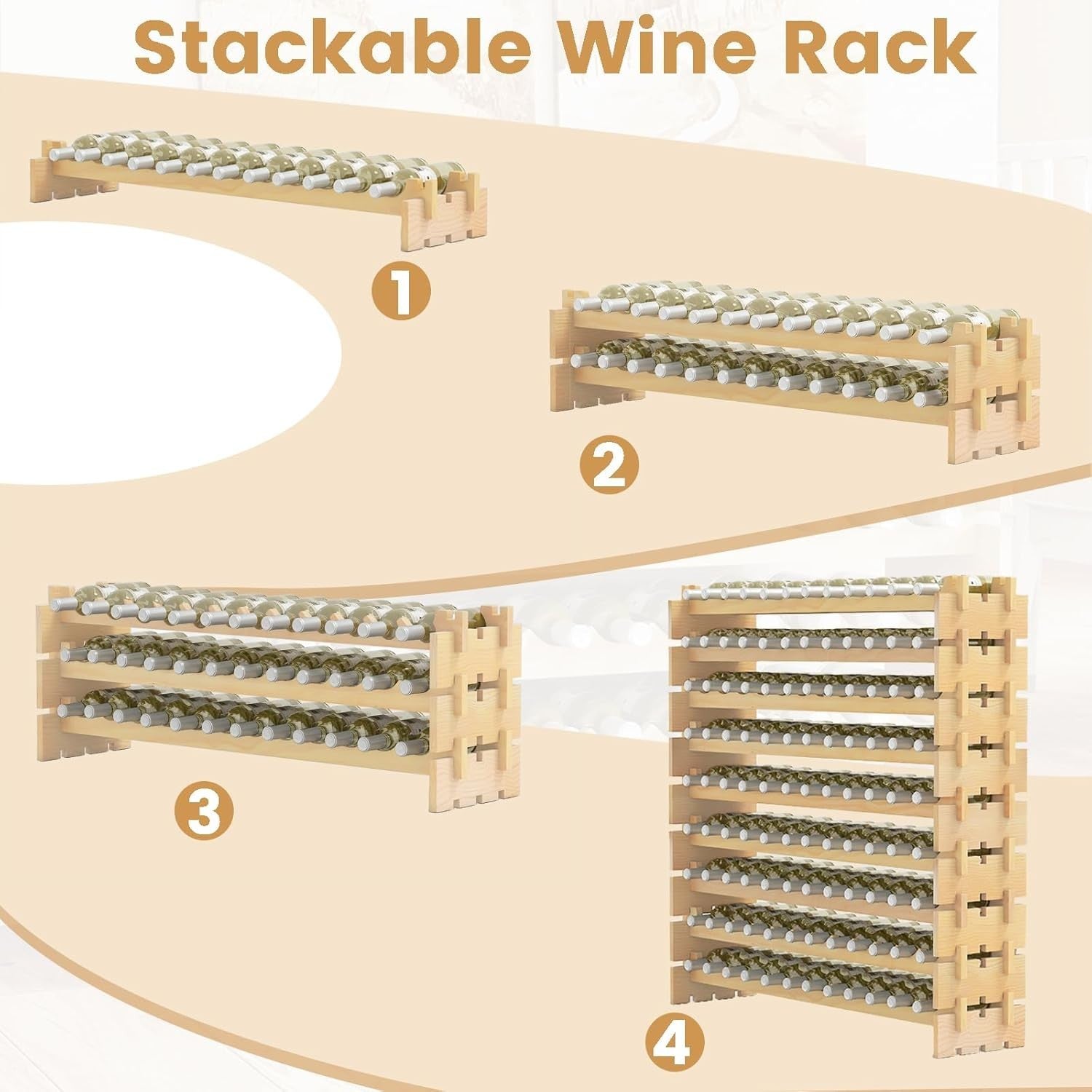 108 Bottle Wine Rack Large 6 Tier Natural Wood Stackable Storage Cellar Bar