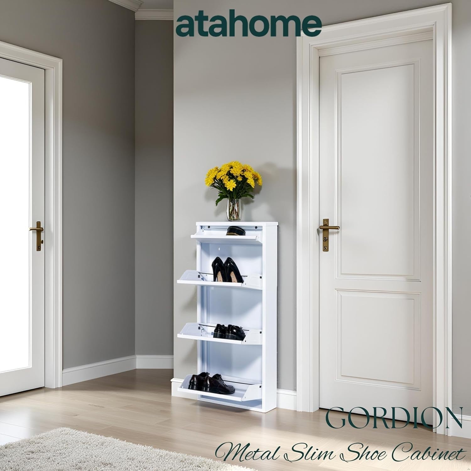 Slim Wall Mounted Shoe Cabinet 3+1 Drawer Metal Storage Rack 114cm White