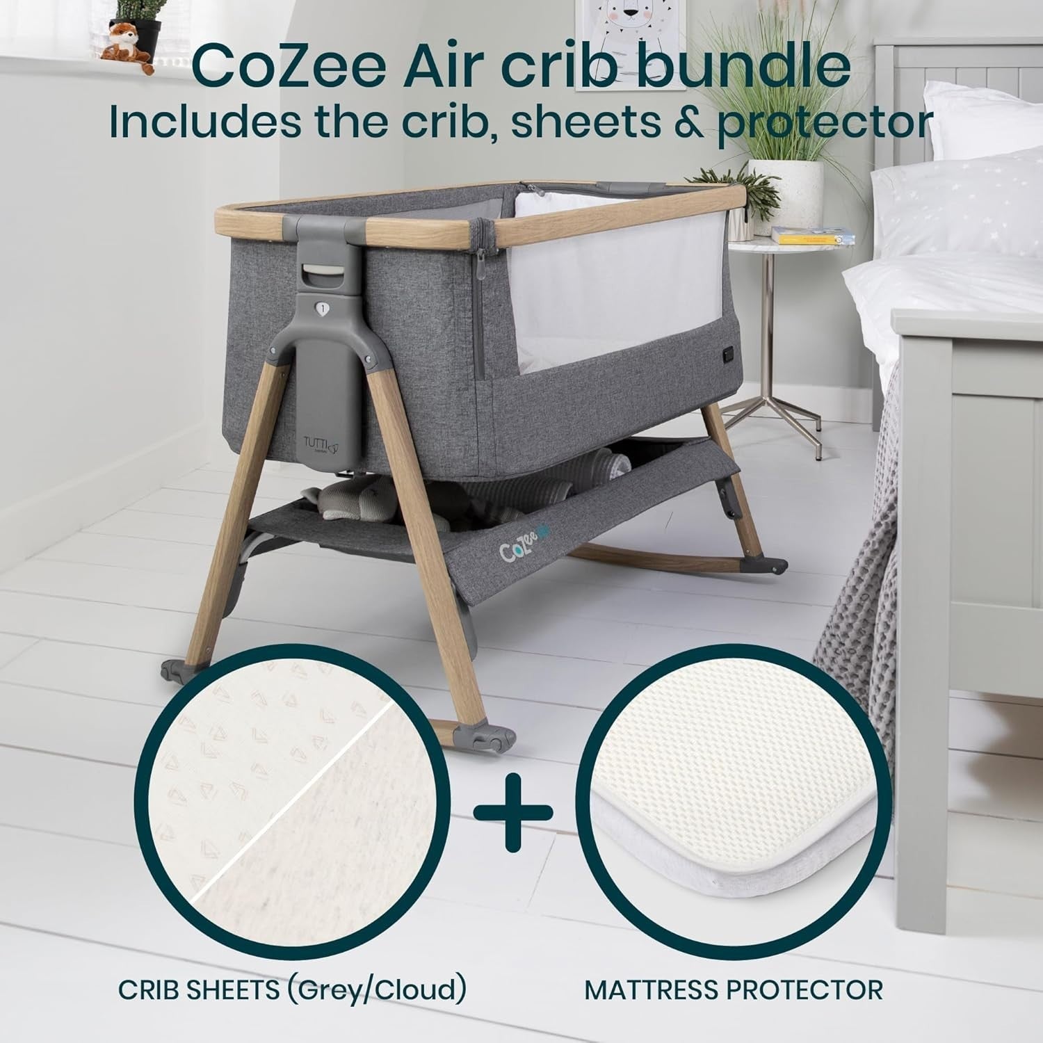 Foldable Baby Bedside Crib Co-Sleeper Cot with Mattress Travel Bag 2 Sheets Grey